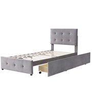 Letto singolo 90×200 cm con testiera e cassetto; senza materasso; letto imbottito in velluto; grigio
