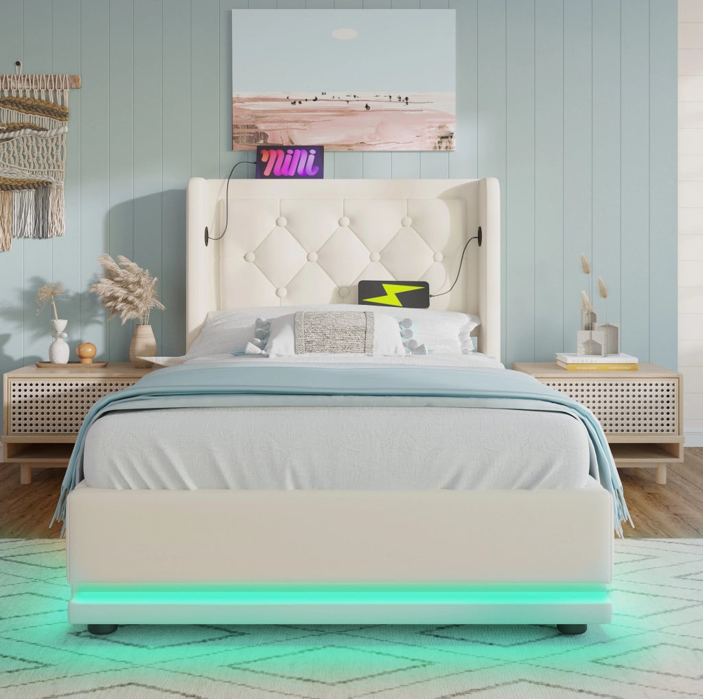 Letto singolo imbottito 90x200 cm in PU bianco con contenitore; USB; Type-C e LED