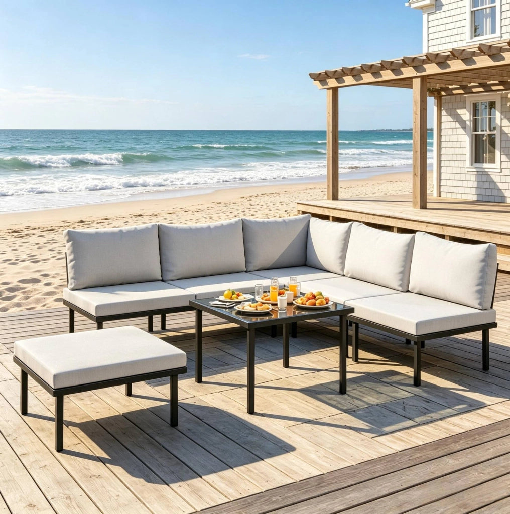 Set da giardino modulare ULEVR 6 pezzi con divano 2 posti, poltrone, pouf e tavolino in vetro, nero e grigio chiaro