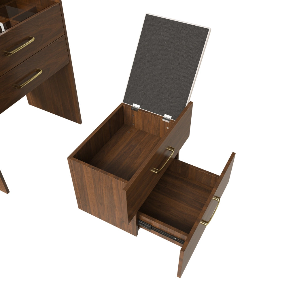 Tavolo da trucco 3 in 1 con specchio apribile, piano in vetro, 3 cassetti, colore noce, 60x40x118 cm