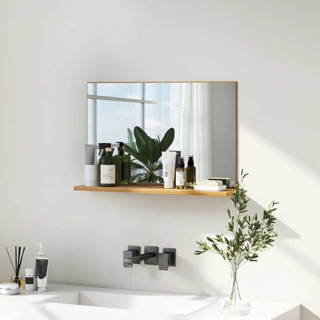 Specchio Bagno da Parete con Mensola Design Moderno e Multiuso, 60x12x40 cm, Legno