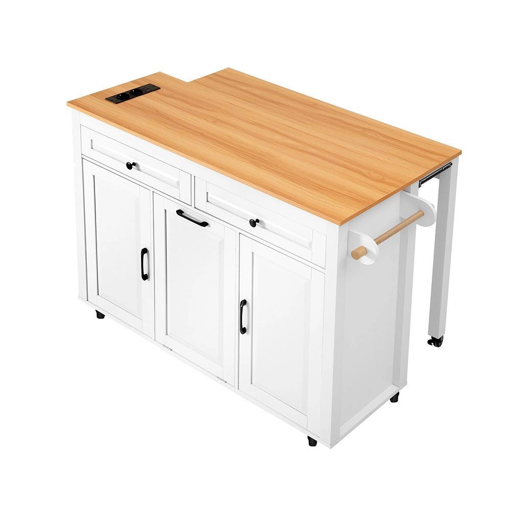 Isola cucina mobile - Xylo - Estendibile con piano lavoro, vano rifiuti e multipresa, ideale per cucina e sala da pranzo (Bianco)