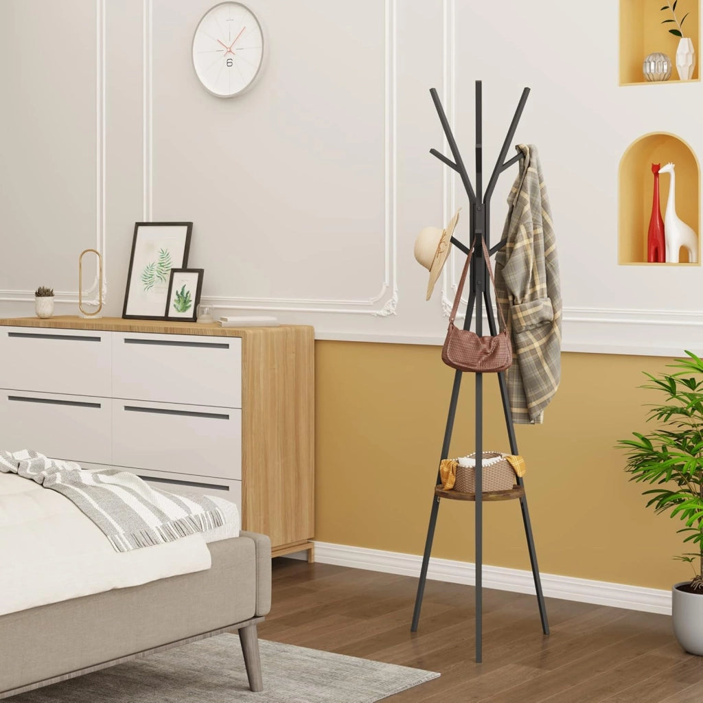 Attaccapanni, Appendiabiti ad Albero in Metallo e MDF, Portabiti da Ingresso con 9 Ganci e 1 Ripiano per Vestiti, Cappelli, Borse, Nero + Legno Vintage