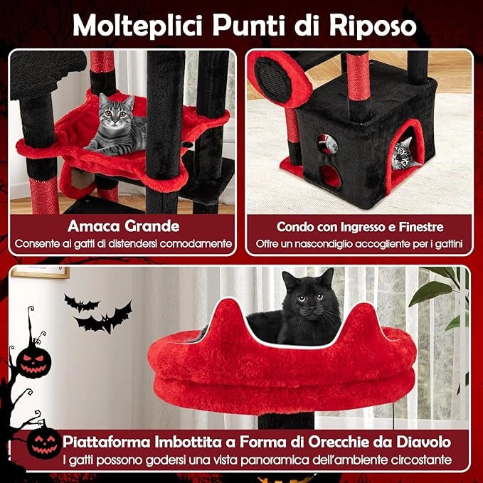 Tiragraffi per Gatto Alto 133 cm Stile Gotico Vampiro, Albero Tiragraffi Gatti con Pali a Corda in Juta, Amaca e Grotta, Cuccia Albero Gatto Rivestito con Giocattolo Ragno, Rosso e Nero