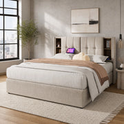 DESMIU Letto contenitore 140 × 200 cm 2 posti con ricarica wireless, USB-C e 2 USB, senza materasso, lino naturale