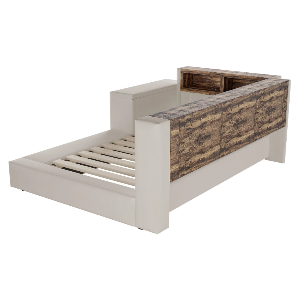 Letto imbottito 90x200 cm con vani portaoggetti; LED; prese integrate e comodino; grigio chiaro