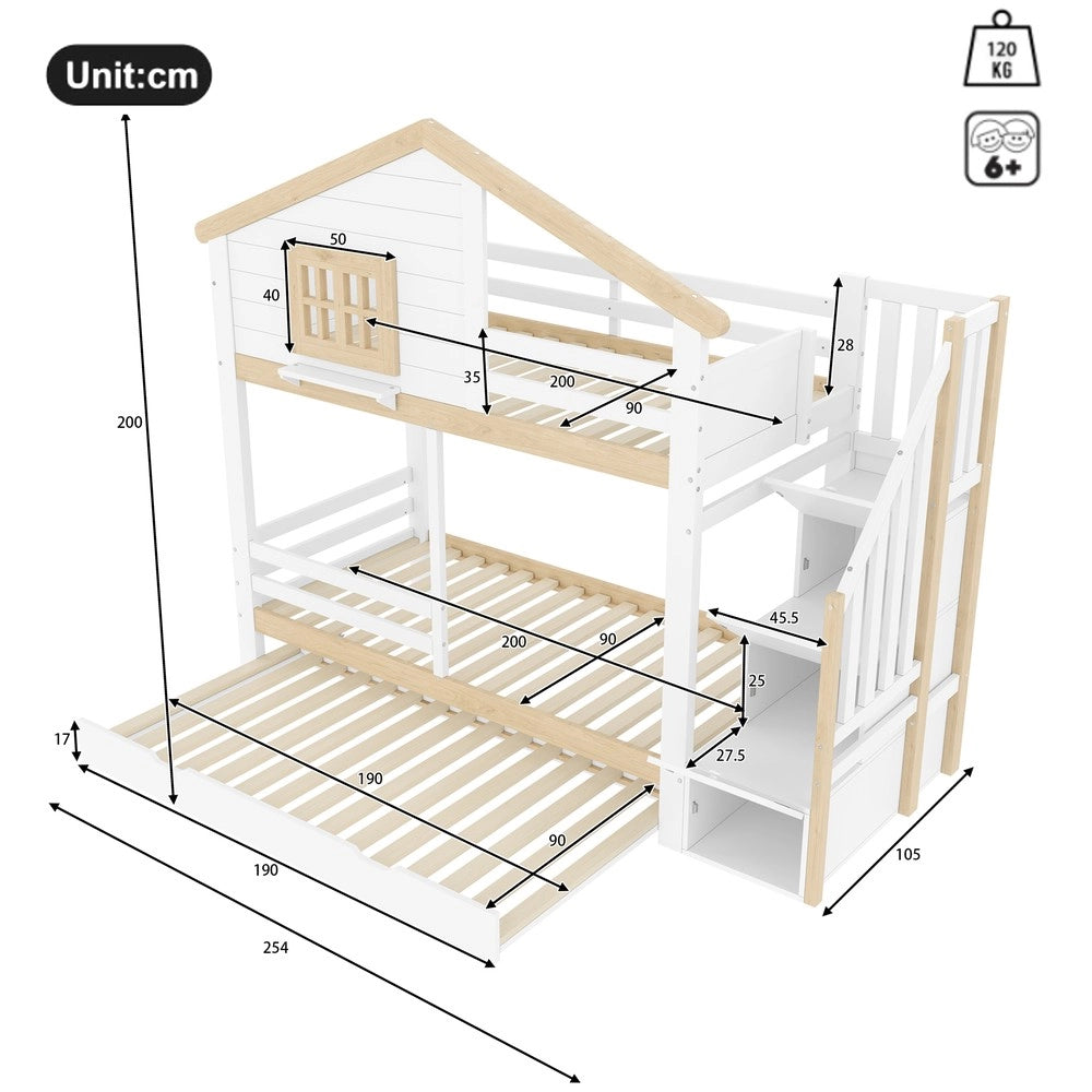 Letto a Castello con Letto Estraibile ¨C MINIMAL ¨C Bianco, 90x200, Legno, Finestra, Contenitore