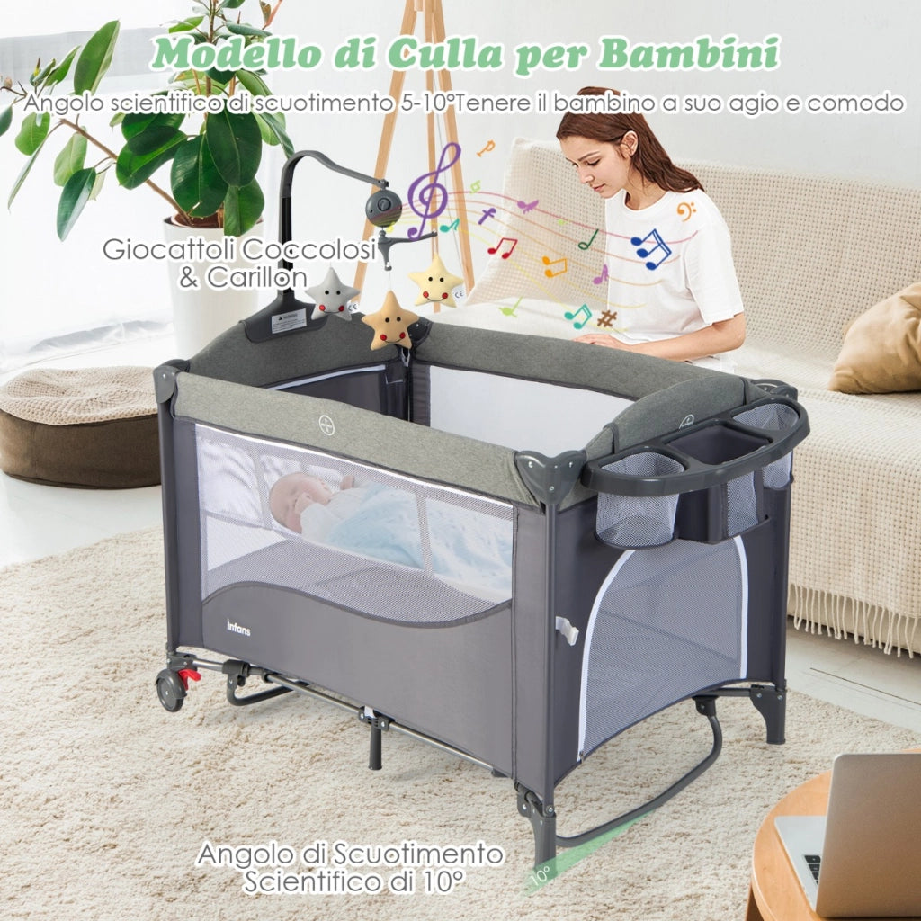Culla 5-in-1 con materasso cambio pannolini carillon e giocattoli appesi, Dondolo portatile per neonati Blu scuro