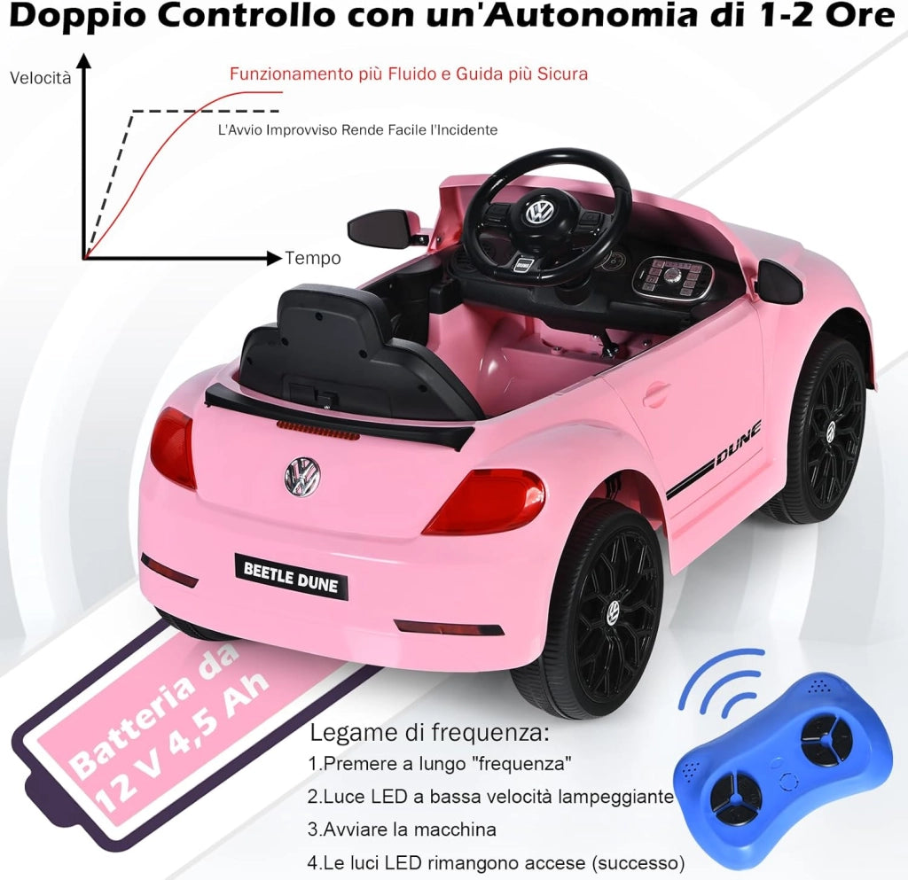 12V Volkswagen Macchina Elettrica per Bambini, Auto Elettrica con Telecomando Luci Musica Doppia Porta, 5km/h Carico 30kg, per Bambini 3-8 Anni (Rosa)