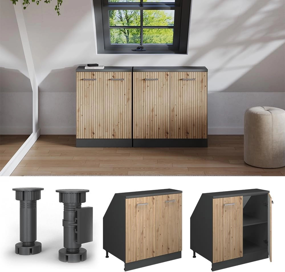 Mobile sottotetto Rion, Rovere artigianale, 80 x 81.6 cm con 2 porte, carcassa 60 cm profondità, adatto per il salvaspazio sotto tetti spioventi