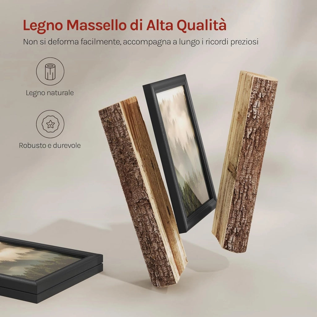 Set di 3 Cornici Foto 50x70 cm con Passepartout, Portafoto da Parete e Tavolo, Verticale o Orizzontale, in Legno Massiccio, Nero