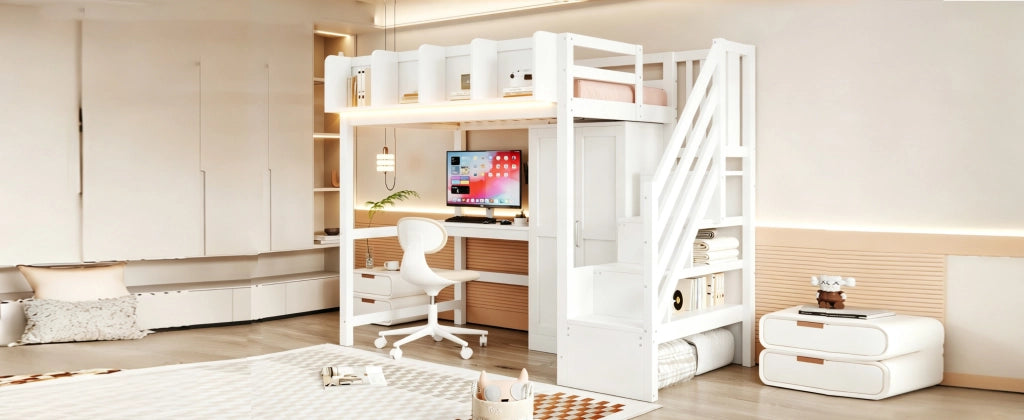 DESMIU Letto a soppalco 1 posto 90 × 200 cm con scrivania, armadio, LED e presa, senza materasso, in legno, bianco