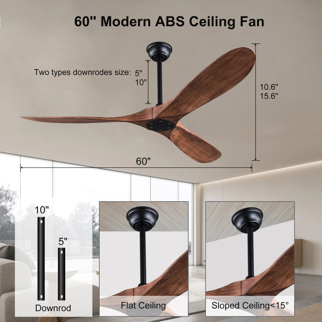 Ventilatore da soffitto 60 pollici senza luce con telecomando, pale ABS, motore DC reversibile, design moderno, per interni ed esterni