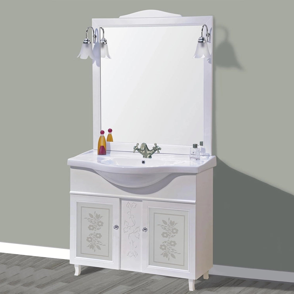 Mobile Da Bagno Bianco Completo Modello Giada Ante Vetro 105cm Legno con Specchio