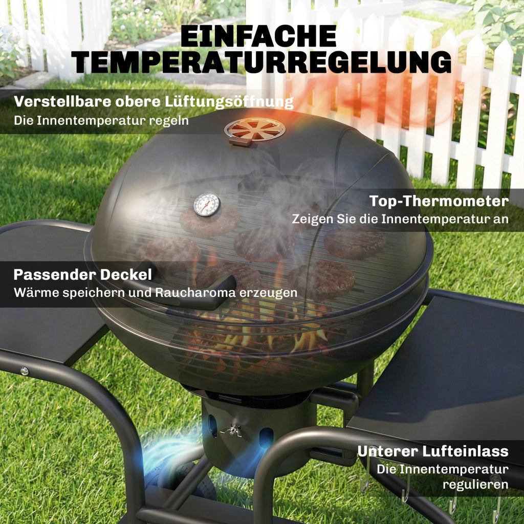 Grill BBQ Smoker con Tavolini Laterali Coperchio e Ruote ¨C zephmum ¨C Grigio 129x63.5x106.5 cm