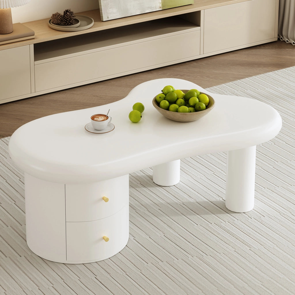Tavolino da salotto bianco sagomato in MDF con 2 cassetti