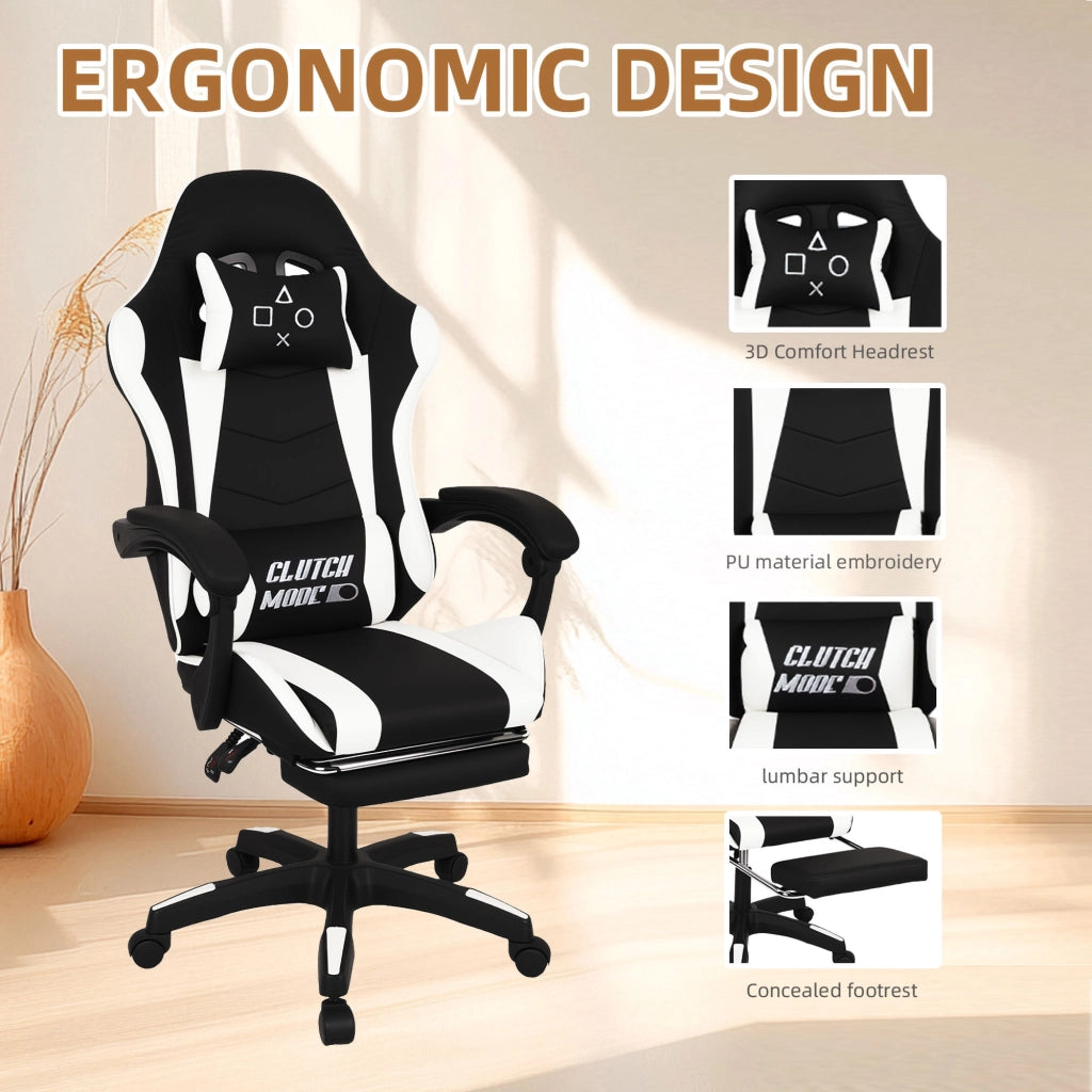 Clutch - Sedia da Gaming Ergonomica con Cuscino Lombare Poggiatesta e Poggiapiedi in PVC Nera e Bianca