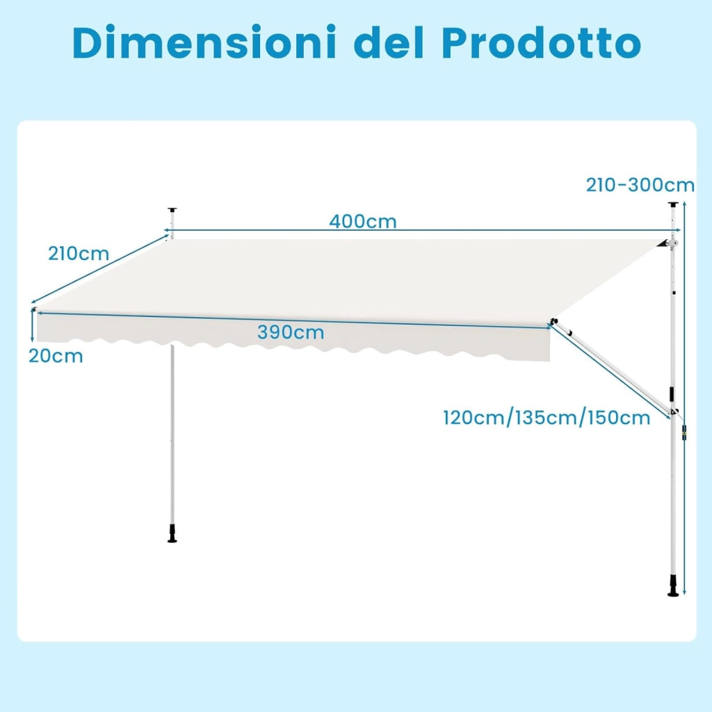 Tenda da Sole a Morsetto, Tenda per Balcone Senza Foratura Altezza e Inclinazione Regolabili con Manovella, Telo Impermeabile e Resistente ai Raggi Solari e Telaio Antiruggine (4M,Bianco)