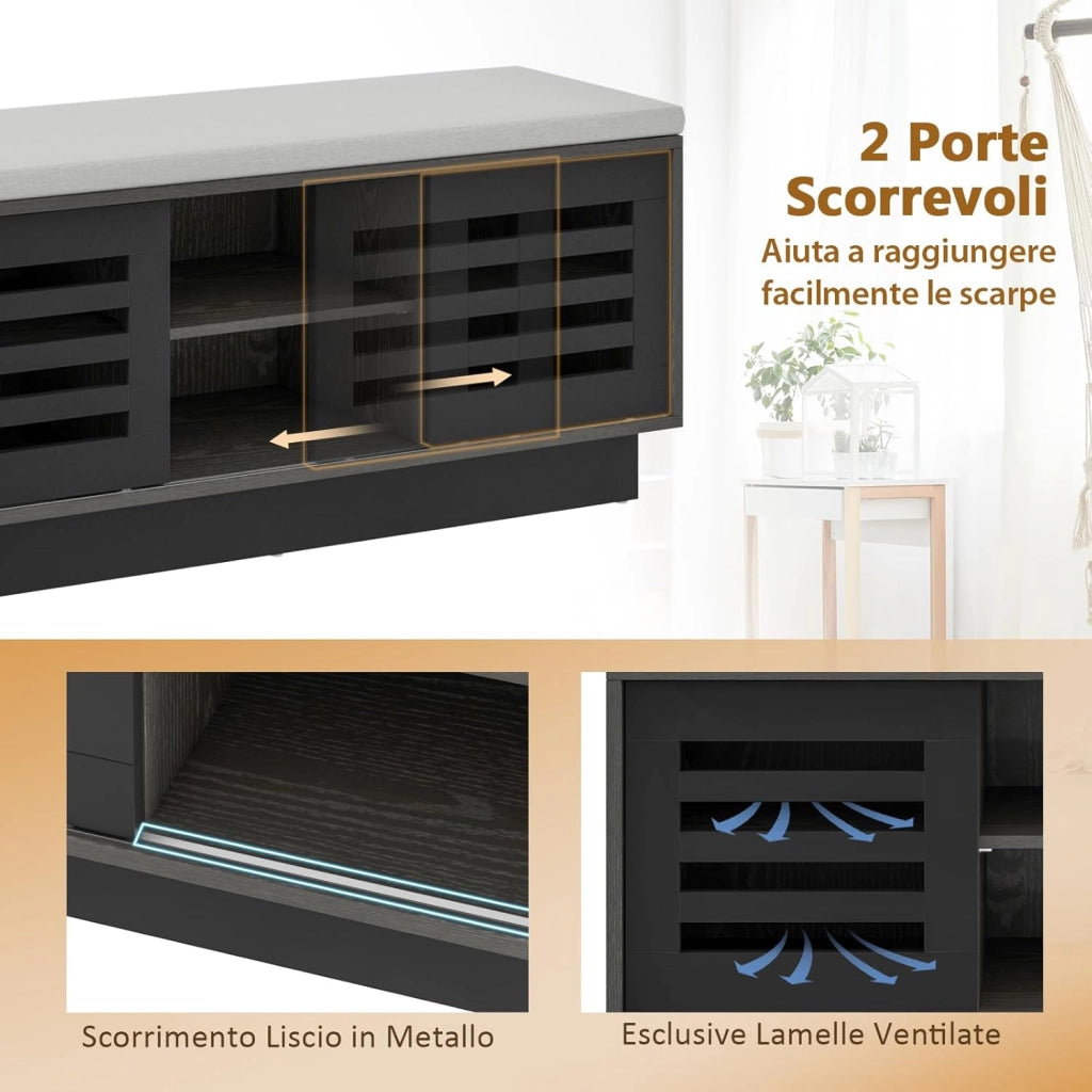 Panca Scarpiera con 6 Scomparti e 3 Ripiani Regolabili, Panca Porta Scarpe con Cuscino, Scarpiera con 2 Ante Scorrevoli, Mobile Scarpe per Ingresso, Soggiorno, 99,5 x 34,5 x 46 cm (Marrone)