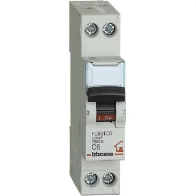 Bticino interruttore magnetotermico 1 polo + neutro curva c btdin rs fc881c *** ampere 6 ampere, confezione 1