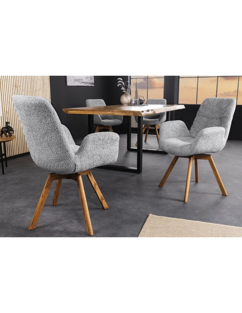 Set di 2 sedie design SORRANO girevoli a 360° in tessuto bouclé grigio chiaro e gambe in rovere chiaro