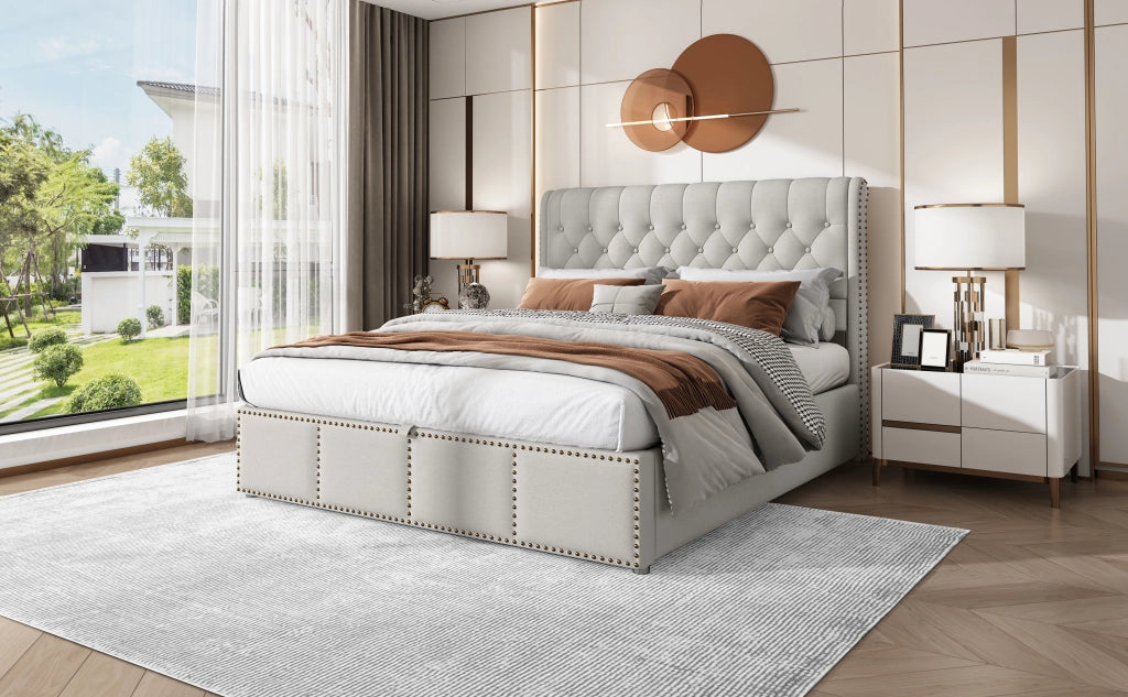 DESMIU Letto contenitore 140 × 200 cm 2 posti con vano, testiera alta, senza materasso, in lino, grigio