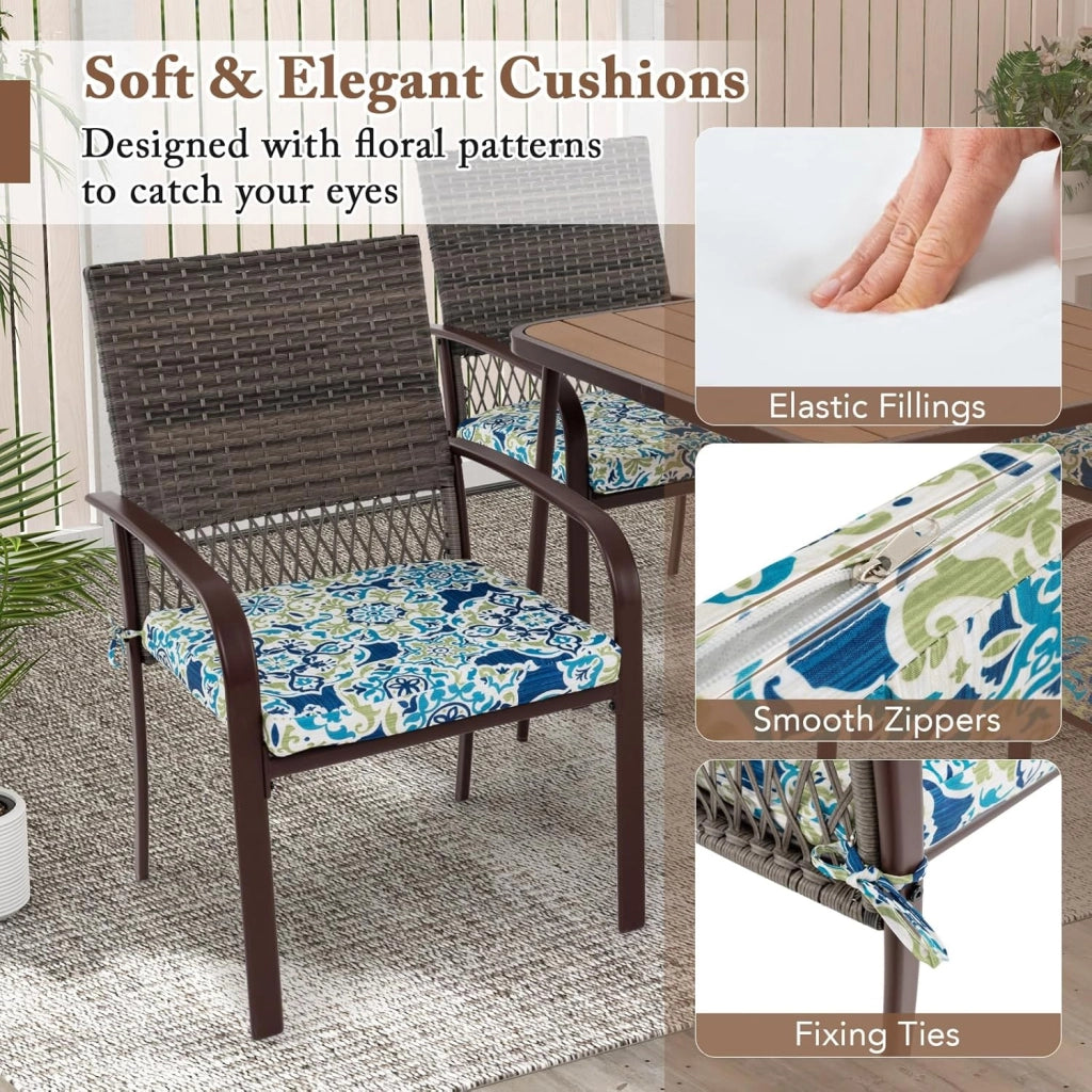 Set di mobili da giardino in rattan, per 4 persone, set da pranzo, 4 sedie con tavolo, sedie da giardino con cuscino, tavolo da giardino in WPC con foro per ombrellone