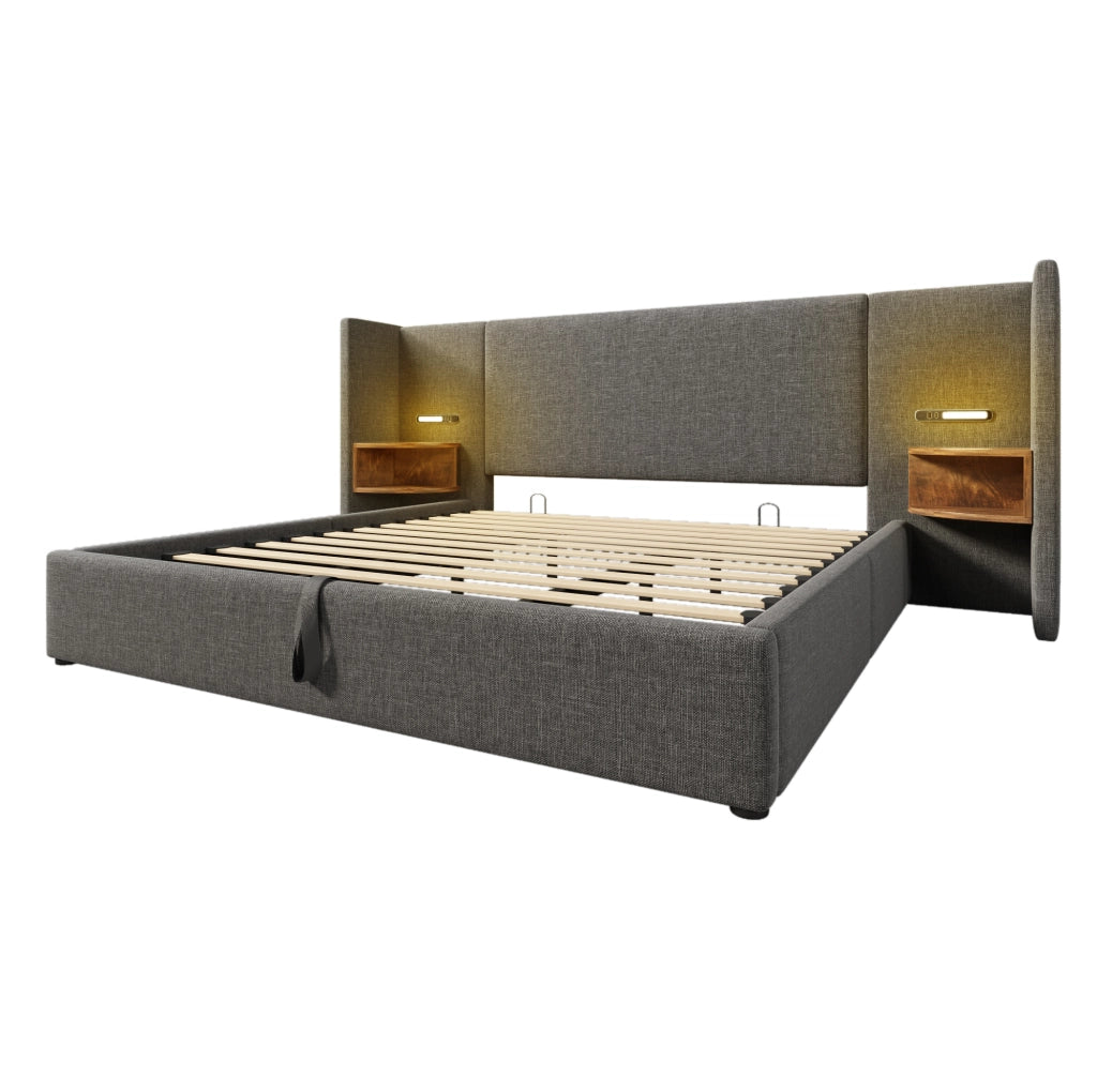 Letto matrimoniale 180x200 cm con contenitore; testiera con luce lettura USB e Type-C; grigio