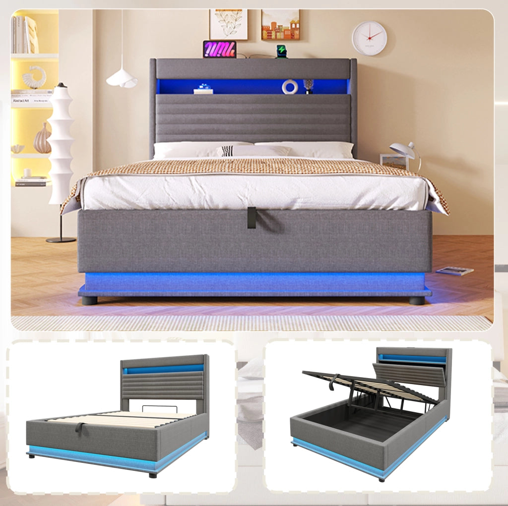 LETTO Contenitore 140x200 cm in lino grigio con LED e USB-C