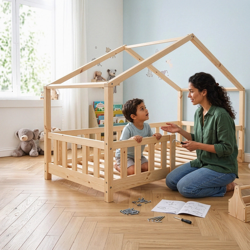 Letto per Cameretta Treviolo a Forma di Casetta in Stile Montessori con Materasso 80x160 cm - Color Naturale [en.casa]