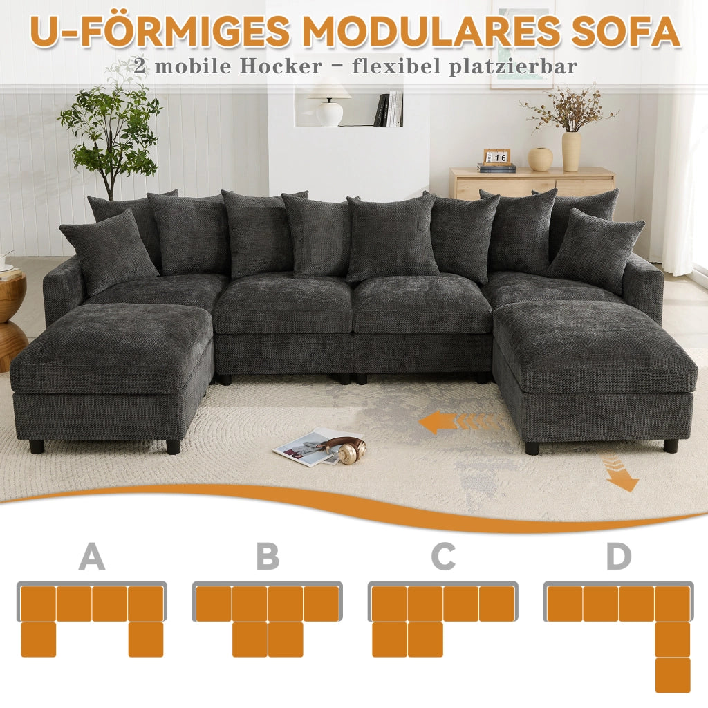 Divano angolare modulare 6 posti con USB/Type-C e 2 pouf