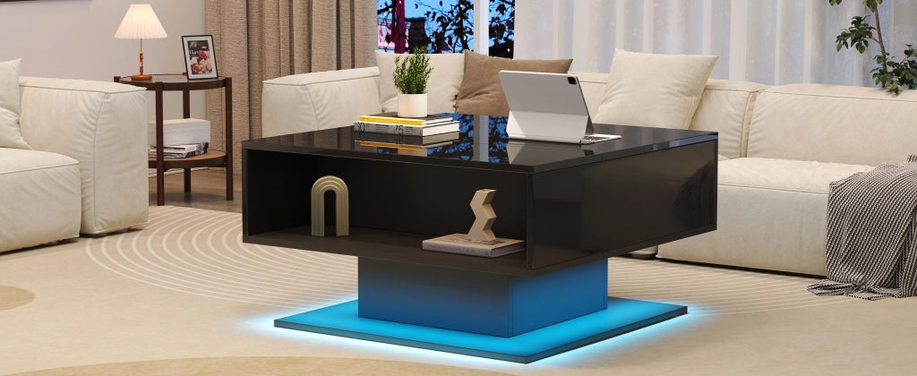 TAVOLO DA SALOTTO Alzabile 80x75x40 cm Nero con LED e vano portaoggetti