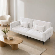 Divano letto futon convertibile con struttura in legno e piedini in metallo per salotto in tessuto a coste beige