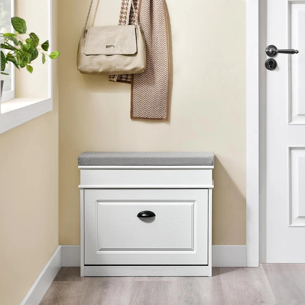 Scarpiera Salvaspazio Slim con Seduta Panca Scarpiera da Ingresso Contenitore in Legno Mobile Ingresso per Scarpe, 61x24x54cm Effetto Legno Invecchiato Bianco FSR82-K-WG