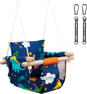 Schommel per bambini con cintura di sicurezza, anello di acciaio inossidabile, cuscino morbido fino a 50 kg, regolabile per altezza, idoneo per esterni e interni, con soffio di aria elogio ambientale, modello dinosauro.