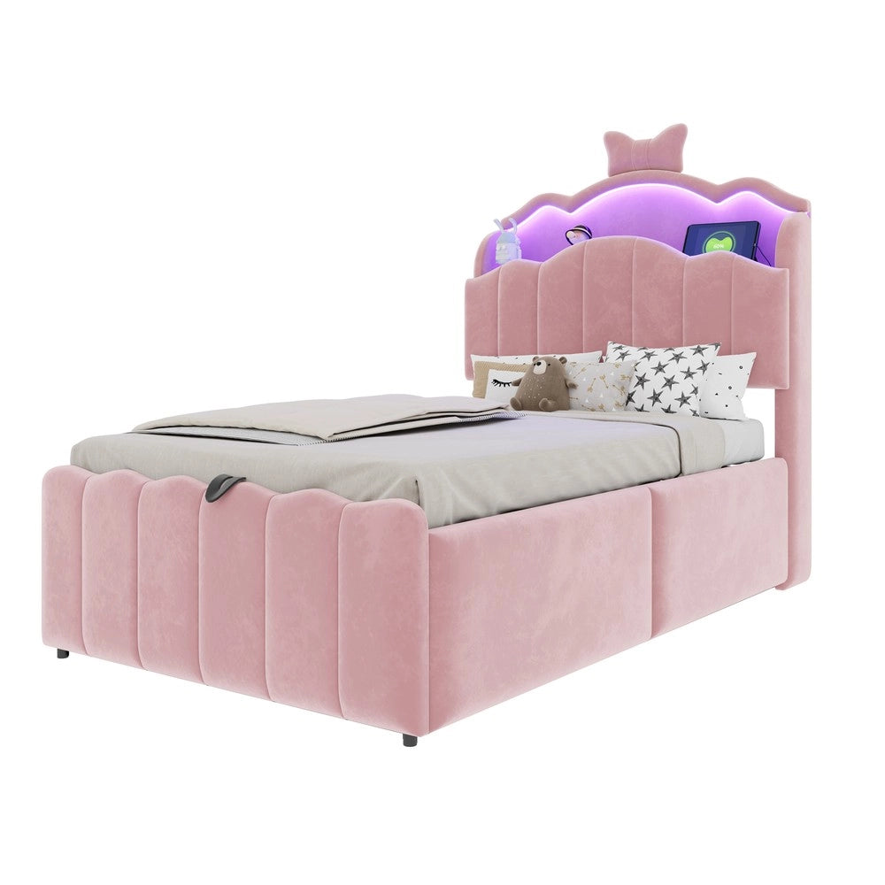 Letto imbottito per bambini con contenitore ¨C Minimal ¨C rosa velluto 90x200cm testiera led idraulico