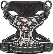 Harnas per cani, anti-trekharnas, harnas per cani grandi, morbido, respirante, regolabile, harnas riflettente per cani con maniglia imbottita, 3 maglie, nero a fiori, XL