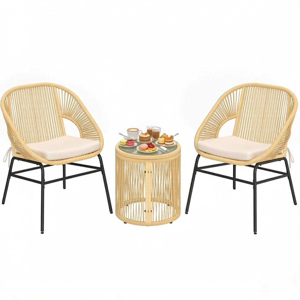 Set da balcone 2 posti beige in acciaio e rattan sintetico, tavolo con vetro