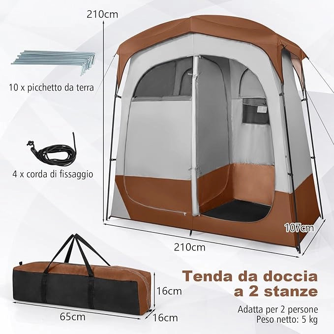 Tenda Spogliatoio da Esterno a 2 Stanze, Tenda da Doccia da Campeggio con Parapioggia Rimovibile, Stendibiancheria e Borsa, Tenda per WC Doccia per Campeggio, Spiaggia e Pesca(Marrone)