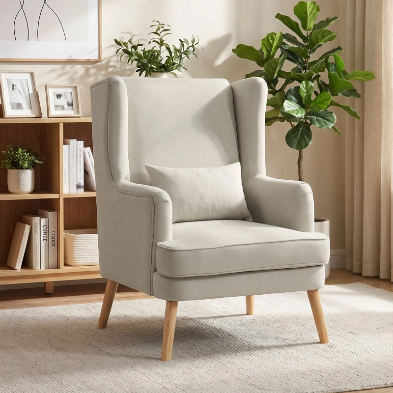 POLTRONA con schienale alto e cuscino lombare, tessuto effetto lino, Beige