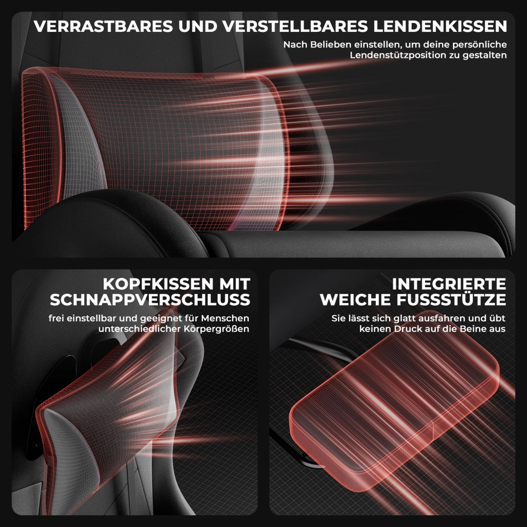 Chaise de bureau ergonomica con supporto lombare e poggiatesta, braccioli collegati, in PVC nero e grigio