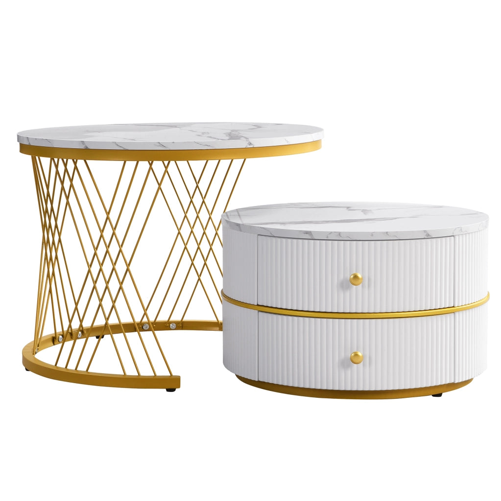 Set 2 tavolini da caffè rotondi effetto marmo lucido; bianco; con 2 cassetti