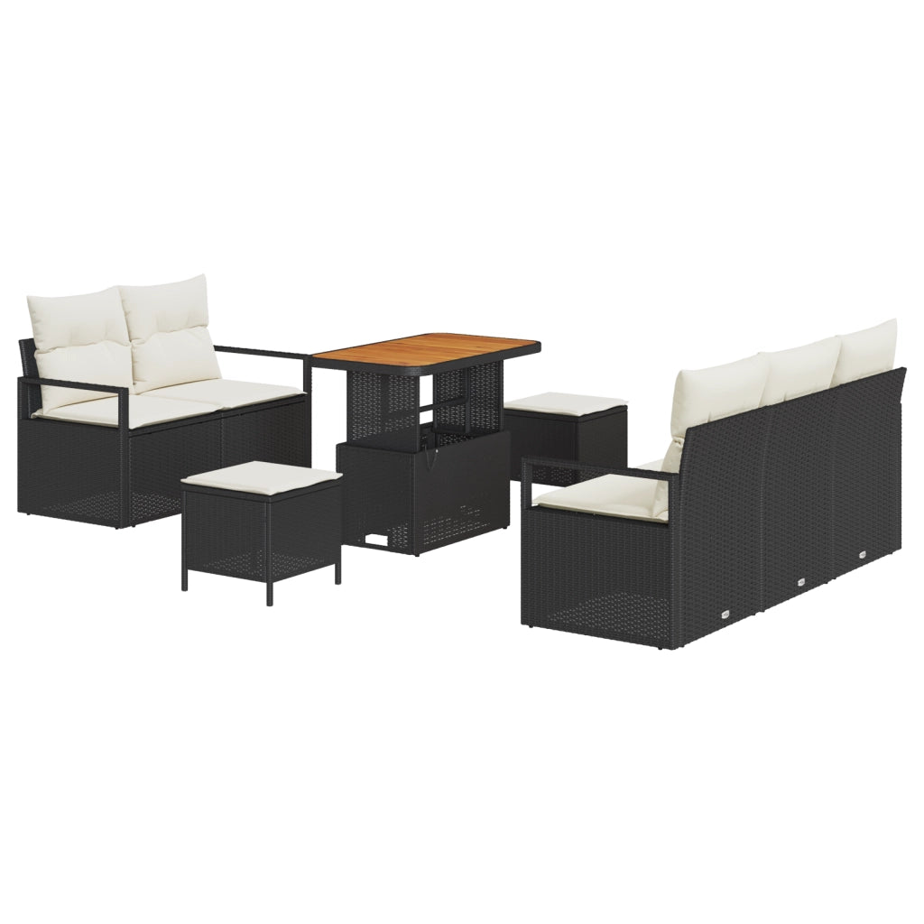 Set Divano da Giardino a 8 Pezzi con Cuscini Nero Rattan Poliestere