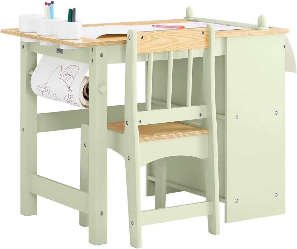 Tavolino Bambini con 1 Sedia, Set Tavolo e Sedie per Bambini Multiattività con 2 Ripiani, Tavolo Disegno e Gioco, Sedia Scrivania Cameretta Verde 80x50x66cm KMB60-GR