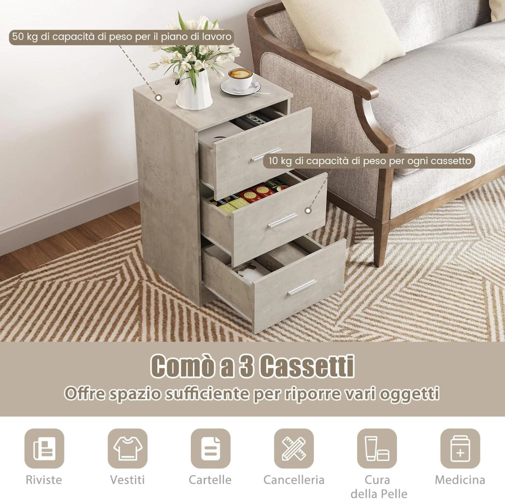 Comodino Camera da Letto 37 x 34 x 66,5cm, Cassettiera in Legno Moderno con 3 Cassetti, Mobile Salvaspazio per Soggiorno, Ufficio e Camerretta (1, Grigio)