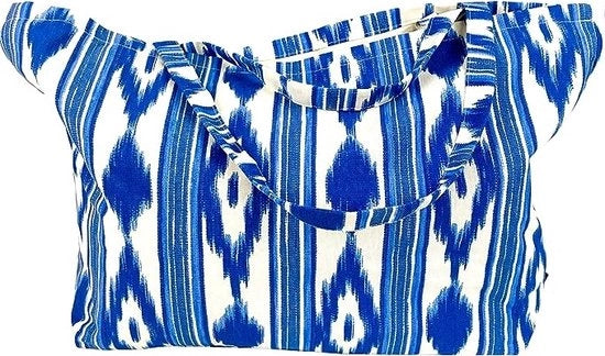 Borsa da spiaggia grande con disegno Azteco - Blu/bianco - 65 x 40 cm - Borsa a spalla per adulti - 40 L - Borsa da bagno, shopper, borsa da spiaggia, borsa per la spesa - Grande capacità - Borsa XXL con motivo mediterraneo - Interno in tessuto