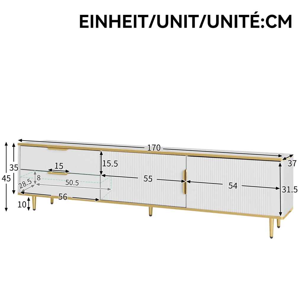 Mobile porta TV con 2 cassetti e 2 vani a giorno in MDF e pannello truciolare bianco e oro 170 × 37 × 45 cm