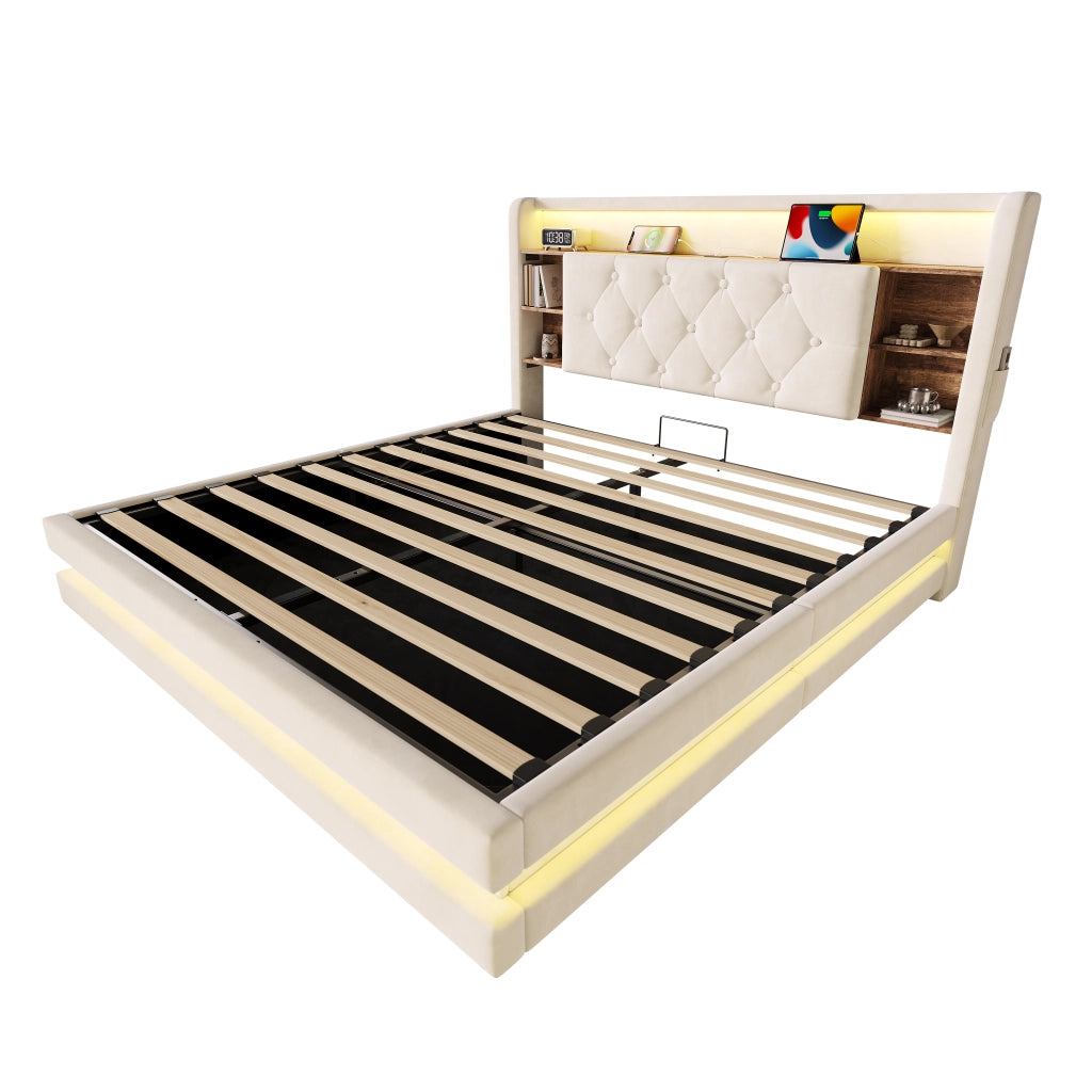 LETTO contenitore 140x200 cm in velluto beige con testiera multifunzione