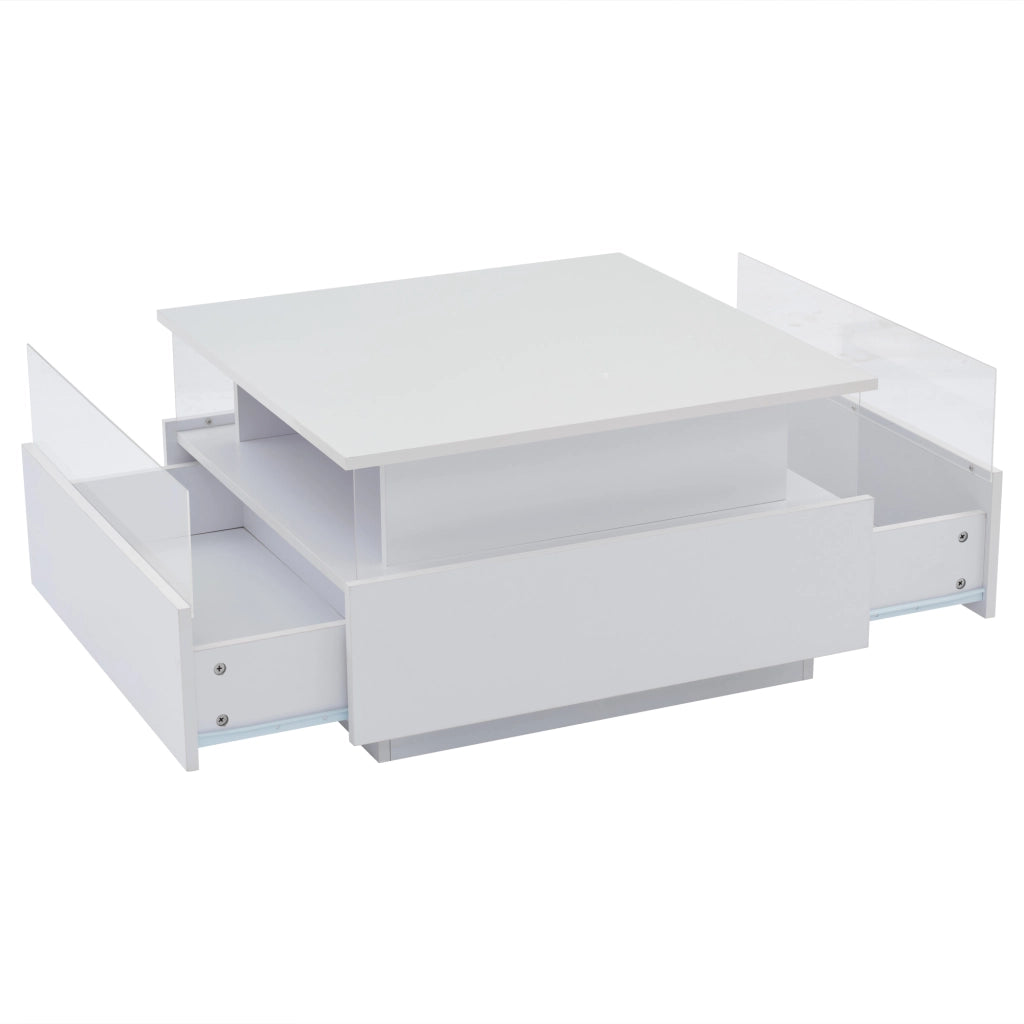 TAVOLO da caffè LED 70x70x41 cm Bianco lucido con 2 cassetti