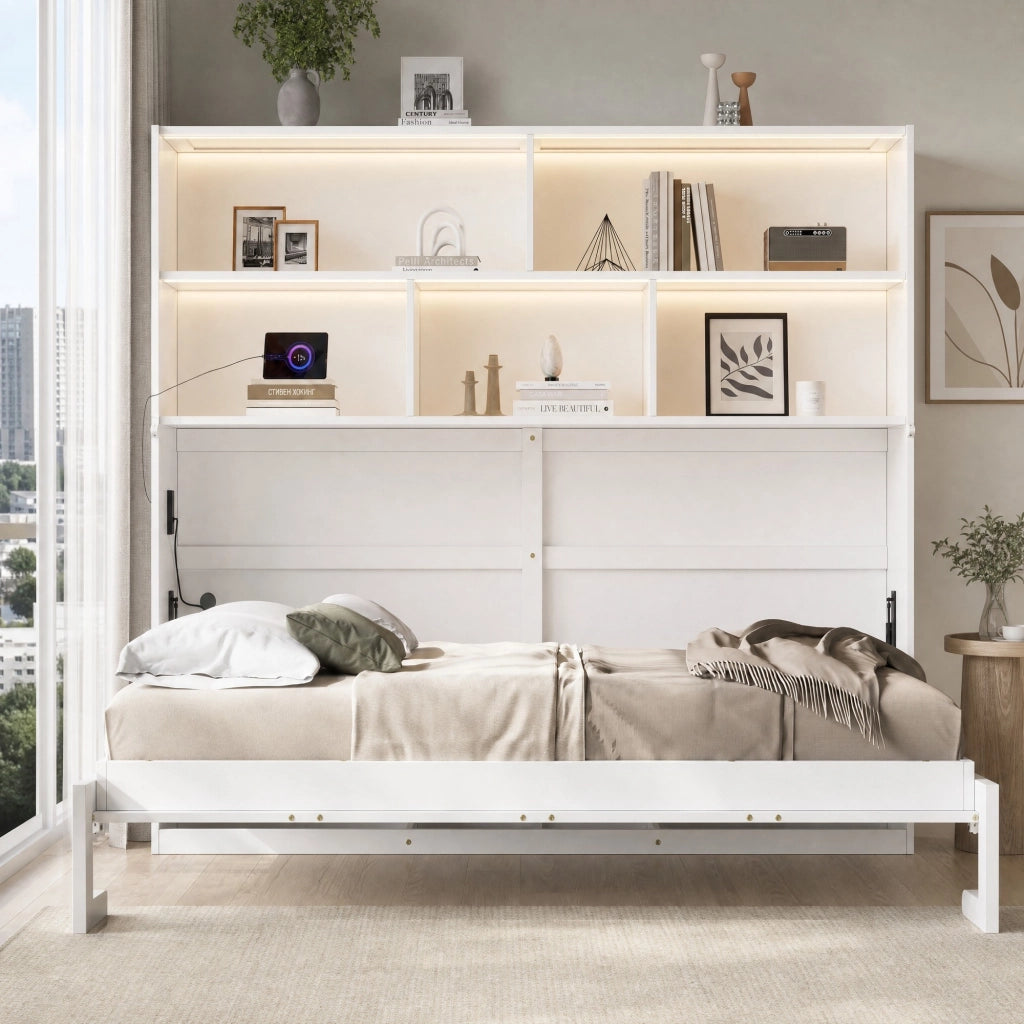 Letto trasformabile singolo 90x200 cm con vano contenitore, LED, prese USB/Type-C, bianco
